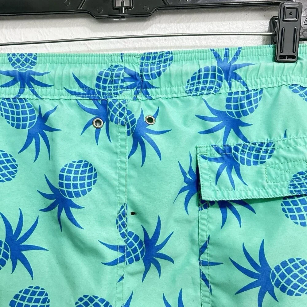 Tom Teddy Swim Trunks Green Blue Pineapple Print Liner Pockets‎ Stretch Summer M
